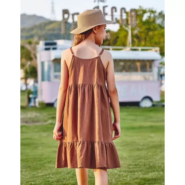 Arshiner Girl's Summer Sundress Spaghetti Strap Solid Linen Midi Dress Casual Cami Dresses
