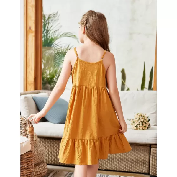 Arshiner Girl's Summer Sundress Spaghetti Strap Solid Linen Midi Dress Casual Cami Dresses