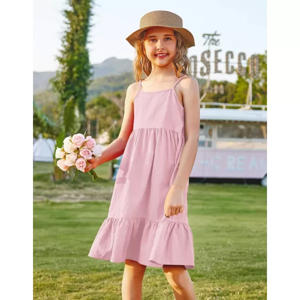 Arshiner Girl's Summer Sundress Spaghetti Strap Solid Linen Midi Dress Casual Cami Dresses