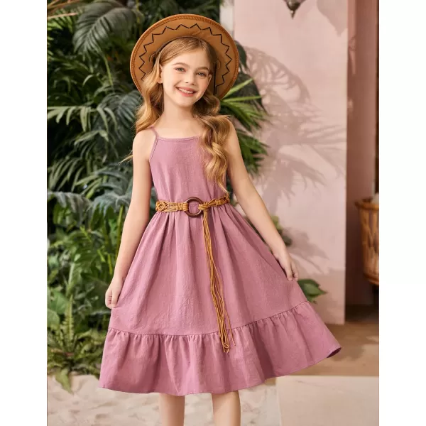 Arshiner Girl's Summer Sundress Spaghetti Strap Solid Linen Midi Dress Casual Cami Dresses