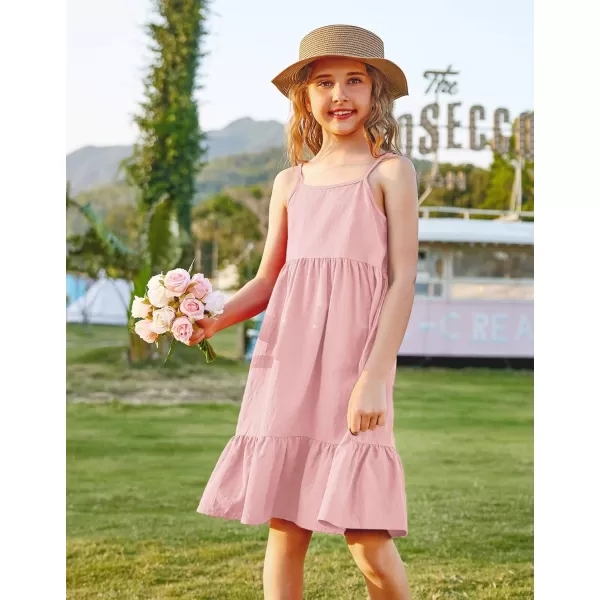 Arshiner Girl's Summer Sundress Spaghetti Strap Solid Linen Midi Dress Casual Cami Dresses