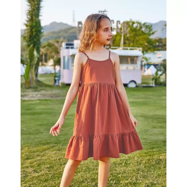 Arshiner Girl's Summer Sundress Spaghetti Strap Solid Linen Midi Dress Casual Cami Dresses