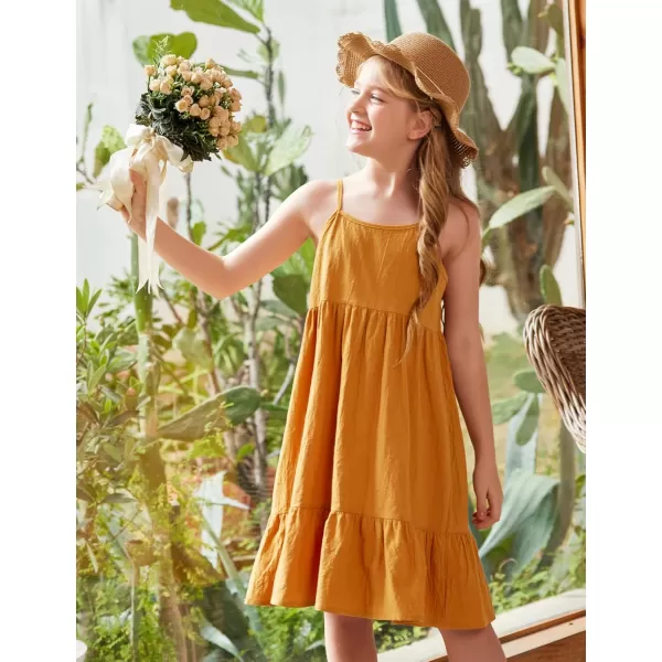 Arshiner Girl's Summer Sundress Spaghetti Strap Solid Linen Midi Dress Casual Cami Dresses