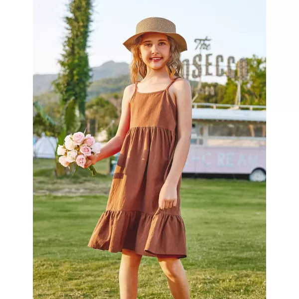 Arshiner Girl's Summer Sundress Spaghetti Strap Solid Linen Midi Dress Casual Cami Dresses