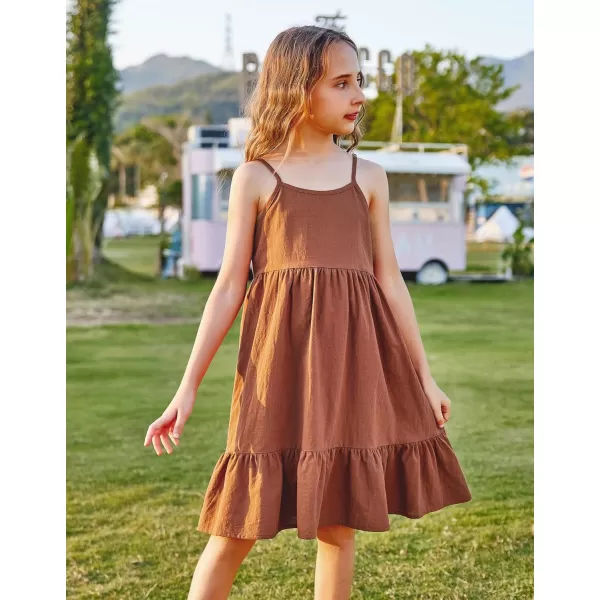 Arshiner Girl's Summer Sundress Spaghetti Strap Solid Linen Midi Dress Casual Cami Dresses