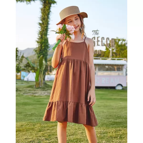 Arshiner Girl's Summer Sundress Spaghetti Strap Solid Linen Midi Dress Casual Cami Dresses