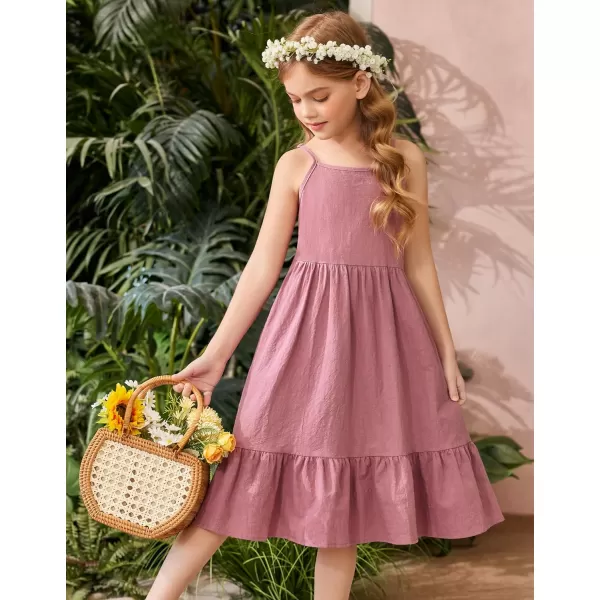Arshiner Girl's Summer Sundress Spaghetti Strap Solid Linen Midi Dress Casual Cami Dresses
