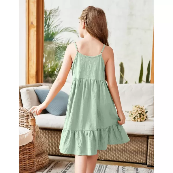 Arshiner Girl's Summer Sundress Spaghetti Strap Solid Linen Midi Dress Casual Cami Dresses