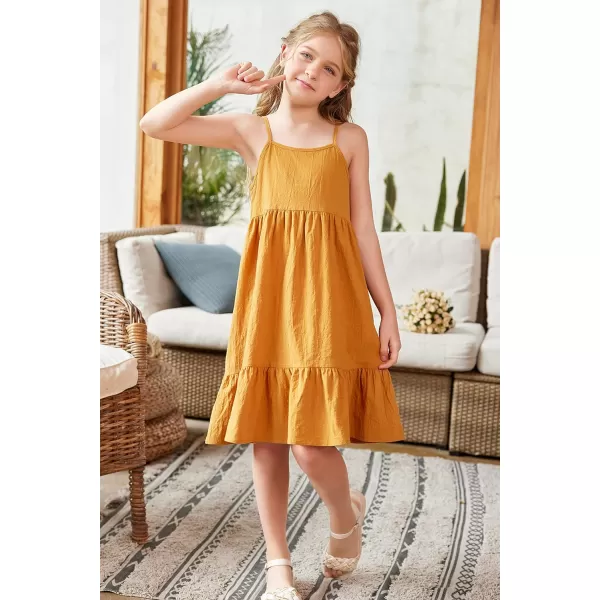 Arshiner Girl's Summer Sundress Spaghetti Strap Solid Linen Midi Dress Casual Cami Dresses