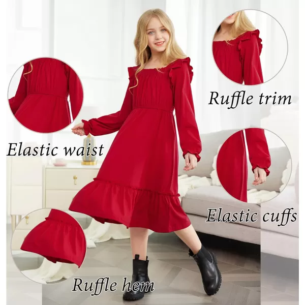 Arshiner Girls Trendy Long Sleeve Ruffle Hem Elastic Waist Cute Elegant Midi Dresses 6-13 Years