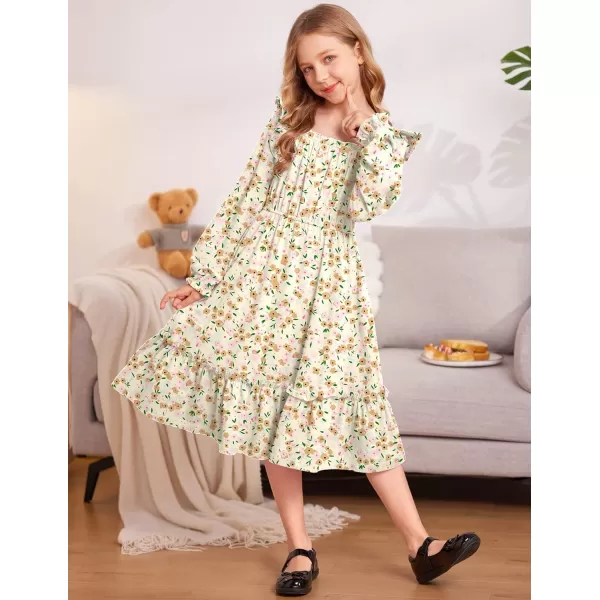Arshiner Girls Trendy Long Sleeve Ruffle Hem Elastic Waist Cute Elegant Midi Dresses 6-13 Years