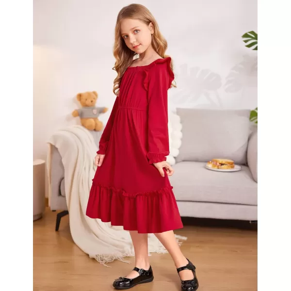 Arshiner Girls Trendy Long Sleeve Ruffle Hem Elastic Waist Cute Elegant Midi Dresses 6-13 Years