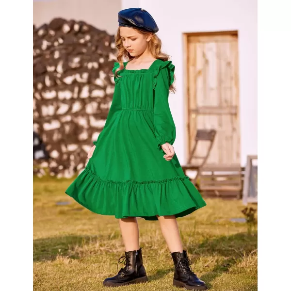 Arshiner Girls Trendy Long Sleeve Ruffle Hem Elastic Waist Cute Elegant Midi Dresses 6-13 Years