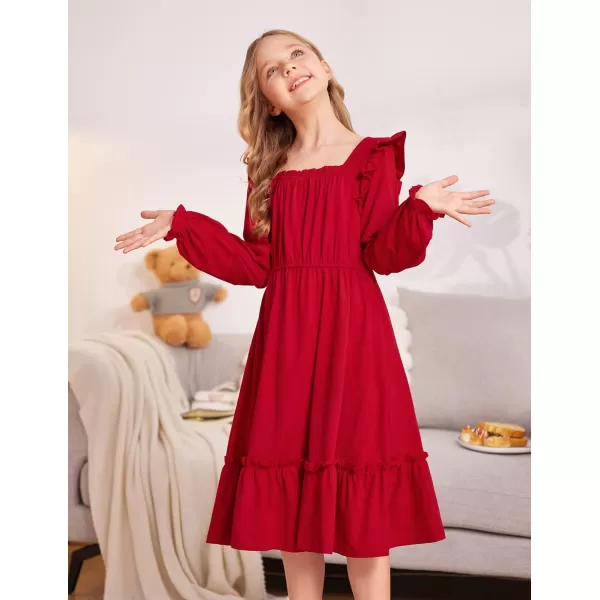 Arshiner Girls Trendy Long Sleeve Ruffle Hem Elastic Waist Cute Elegant Midi Dresses 6-13 Years
