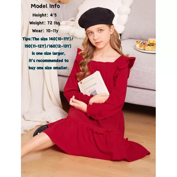 Arshiner Girls Trendy Long Sleeve Ruffle Hem Elastic Waist Cute Elegant Midi Dresses 6-13 Years