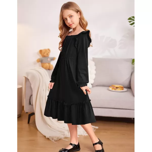 Arshiner Girls Trendy Long Sleeve Ruffle Hem Elastic Waist Cute Elegant Midi Dresses 6-13 Years