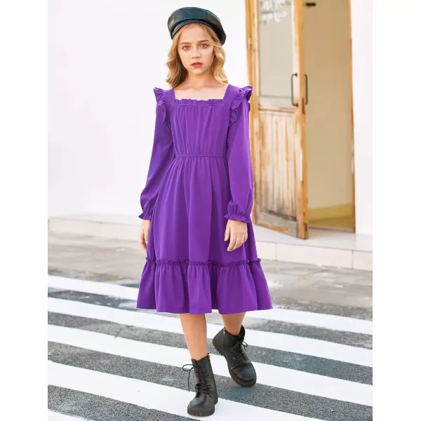 Arshiner Girls Trendy Long Sleeve Ruffle Hem Elastic Waist Cute Elegant Midi Dresses 6-13 Years