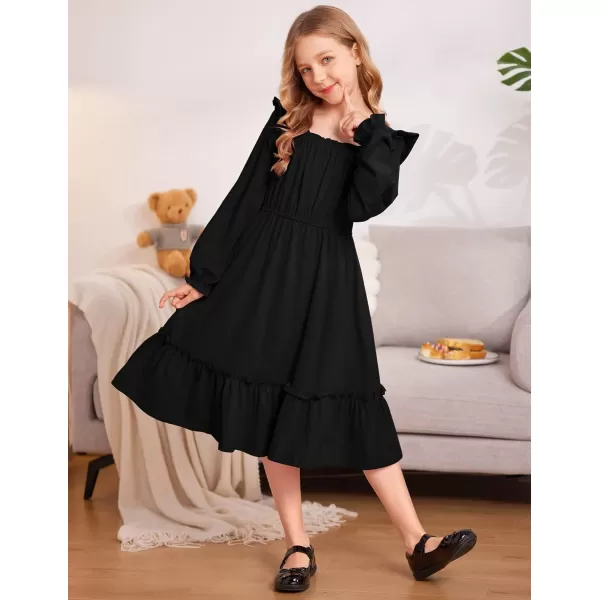 Arshiner Girls Trendy Long Sleeve Ruffle Hem Elastic Waist Cute Elegant Midi Dresses 6-13 Years