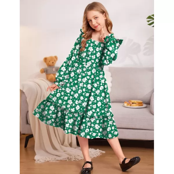 Arshiner Girls Trendy Long Sleeve Ruffle Hem Elastic Waist Cute Elegant Midi Dresses 6-13 Years