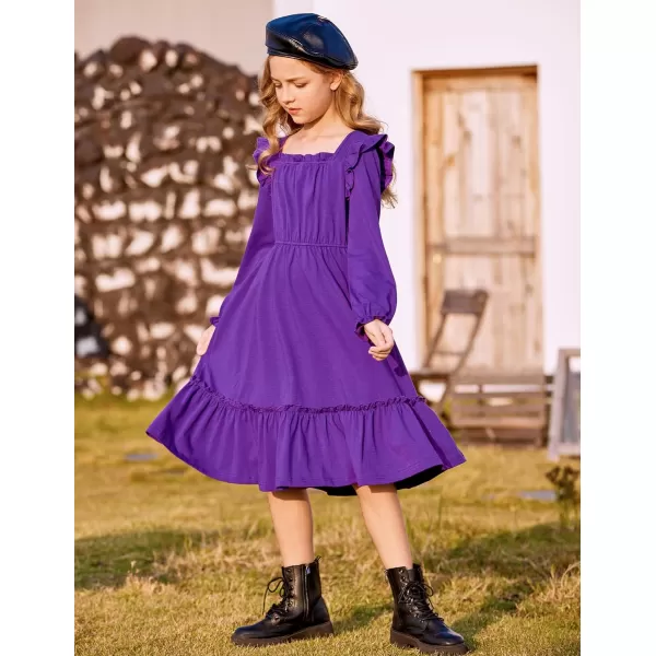 Arshiner Girls Trendy Long Sleeve Ruffle Hem Elastic Waist Cute Elegant Midi Dresses 6-13 Years