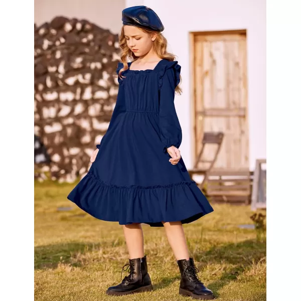 Arshiner Girls Trendy Long Sleeve Ruffle Hem Elastic Waist Cute Elegant Midi Dresses 6-13 Years