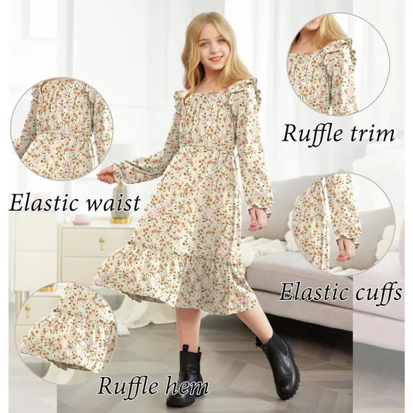 Arshiner Girls Trendy Long Sleeve Ruffle Hem Elastic Waist Cute Elegant Midi Dresses 6-13 Years