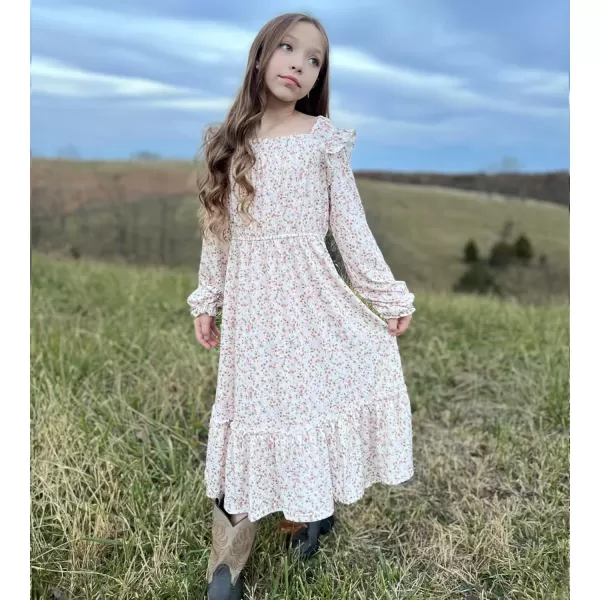 Arshiner Girls Trendy Long Sleeve Ruffle Hem Elastic Waist Cute Elegant Midi Dresses 6-13 Years