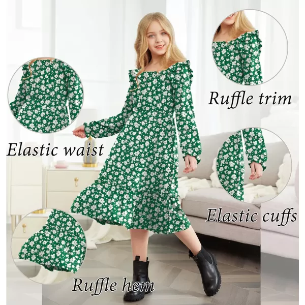 Arshiner Girls Trendy Long Sleeve Ruffle Hem Elastic Waist Cute Elegant Midi Dresses 6-13 Years