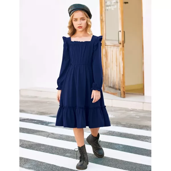 Arshiner Girls Trendy Long Sleeve Ruffle Hem Elastic Waist Cute Elegant Midi Dresses 6-13 Years
