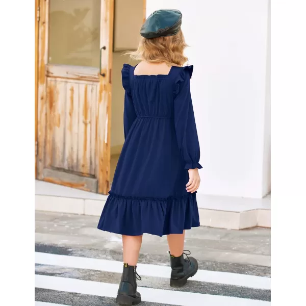 Arshiner Girls Trendy Long Sleeve Ruffle Hem Elastic Waist Cute Elegant Midi Dresses 6-13 Years