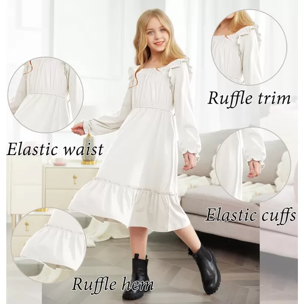 Arshiner Girls Trendy Long Sleeve Ruffle Hem Elastic Waist Cute Elegant Midi Dresses 6-13 Years