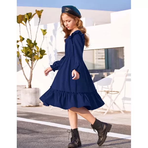 Arshiner Girls Trendy Long Sleeve Ruffle Hem Elastic Waist Cute Elegant Midi Dresses 6-13 Years