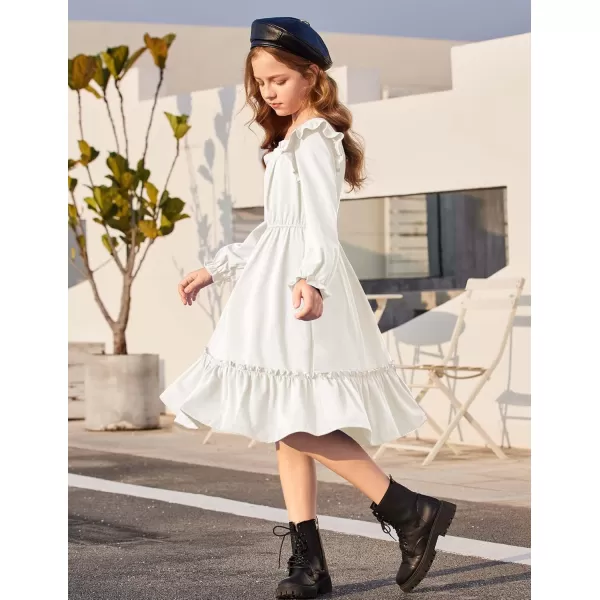 Arshiner Girls Trendy Long Sleeve Ruffle Hem Elastic Waist Cute Elegant Midi Dresses 6-13 Years