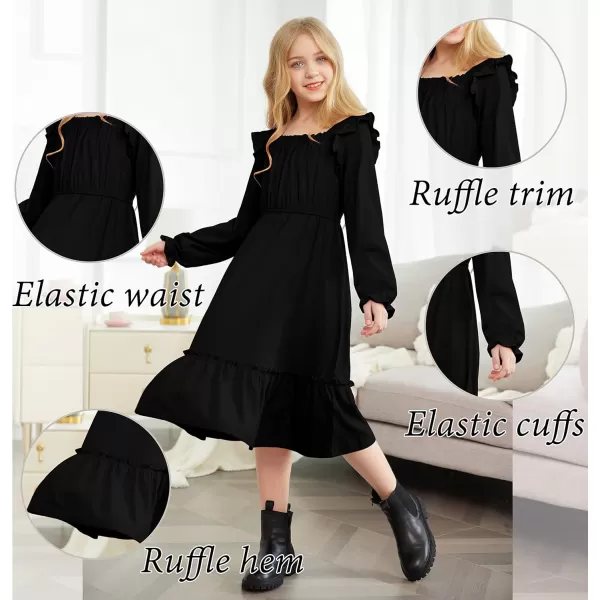 Arshiner Girls Trendy Long Sleeve Ruffle Hem Elastic Waist Cute Elegant Midi Dresses 6-13 Years