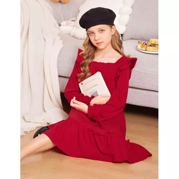 Arshiner Girls Trendy Long Sleeve Ruffle Hem Elastic Waist Cute Elegant Midi Dresses 6-13 Years