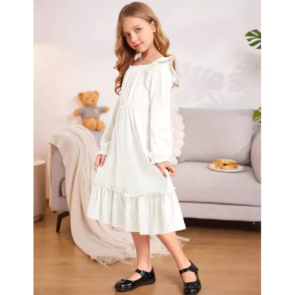 Arshiner Girls Trendy Long Sleeve Ruffle Hem Elastic Waist Cute Elegant Midi Dresses 6-13 Years