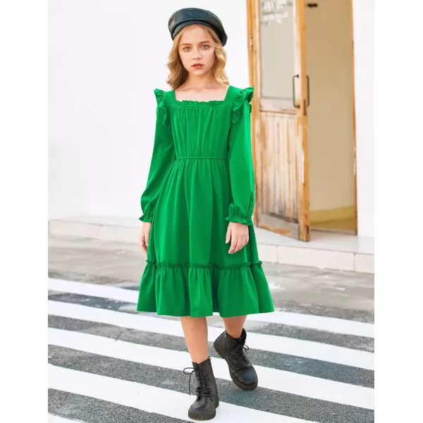 Arshiner Girls Trendy Long Sleeve Ruffle Hem Elastic Waist Cute Elegant Midi Dresses 6-13 Years