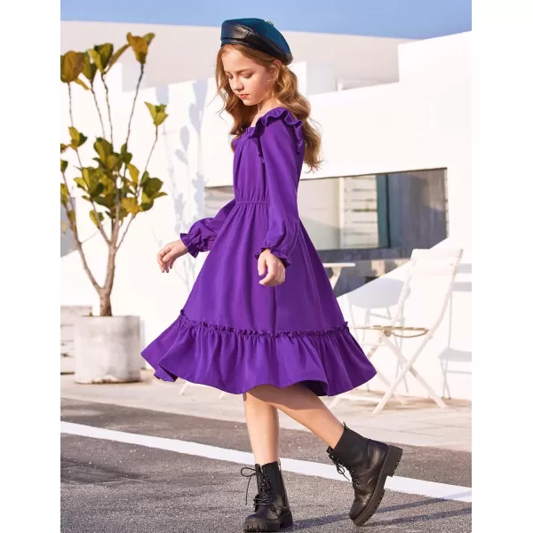 Arshiner Girls Trendy Long Sleeve Ruffle Hem Elastic Waist Cute Elegant Midi Dresses 6-13 Years