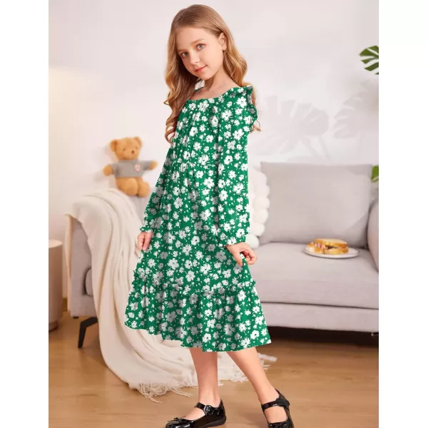 Arshiner Girls Trendy Long Sleeve Ruffle Hem Elastic Waist Cute Elegant Midi Dresses 6-13 Years