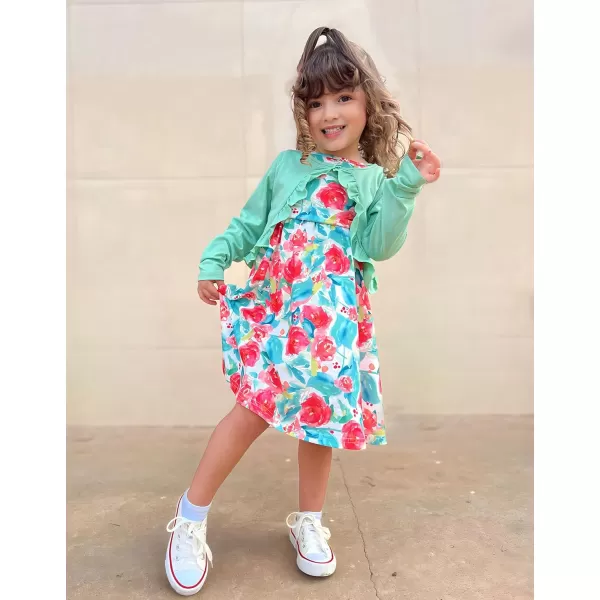 Arshiner Toddler Dress and Cardigan Girl Floral Print Sleeveless Sundress and Long Sleeve Shrugs Sets
