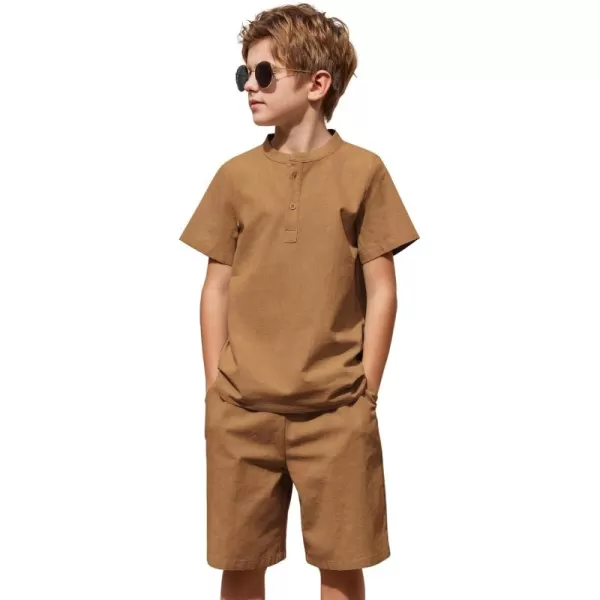 Arshiner Boy's 2 Pieces Cotton Linen Set Casual Henley Shirts Short Sleeve Beach Shorts Summer Outfits for 5-12 Years Kids