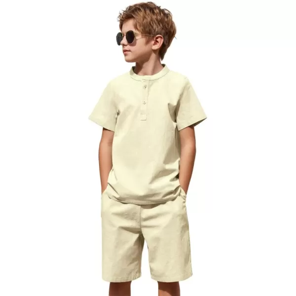 Arshiner Boy's 2 Pieces Cotton Linen Set Casual Henley Shirts Short Sleeve Beach Shorts Summer Outfits for 5-12 Years Kids