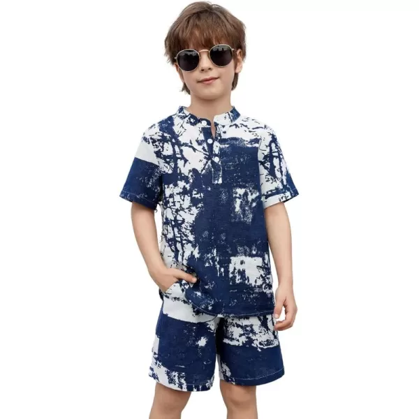 Arshiner Boy's 2 Pieces Cotton Linen Set Casual Henley Shirts Short Sleeve Beach Shorts Summer Outfits for 5-12 Years Kids
