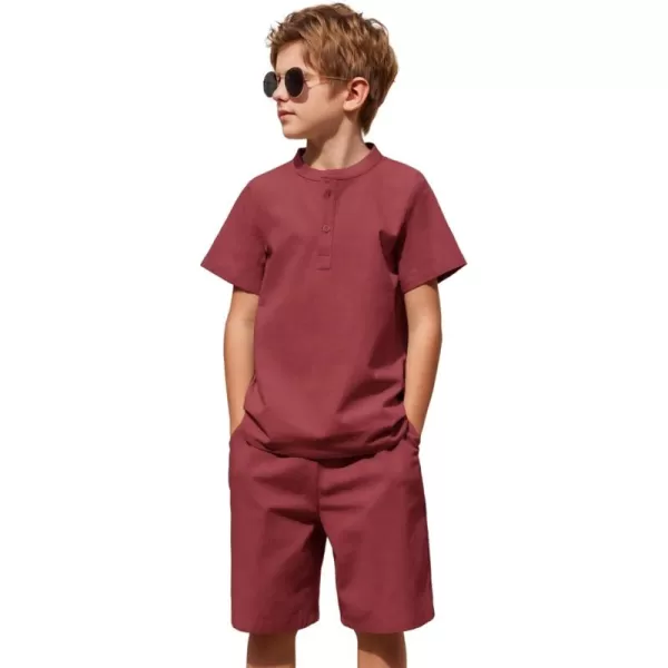 Arshiner Boy's 2 Pieces Cotton Linen Set Casual Henley Shirts Short Sleeve Beach Shorts Summer Outfits for 5-12 Years Kids