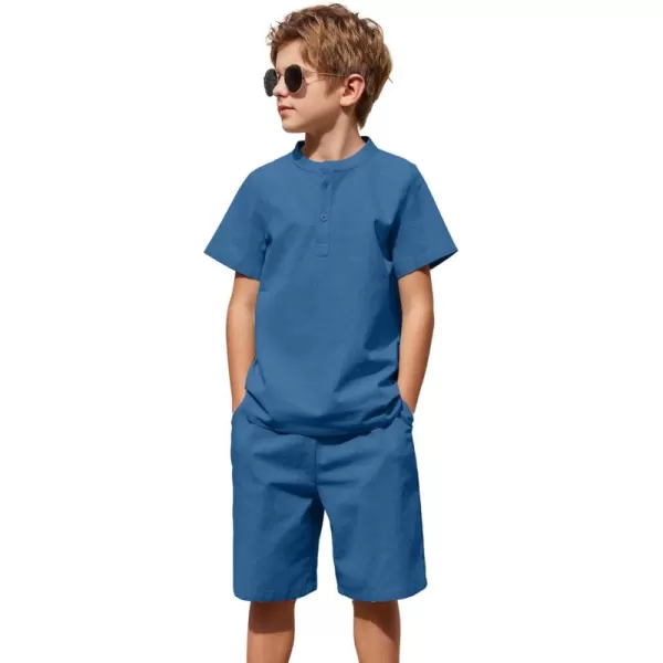 Arshiner Boy's 2 Pieces Cotton Linen Set Casual Henley Shirts Short Sleeve Beach Shorts Summer Outfits for 5-12 Years Kids