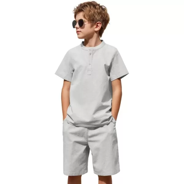 Arshiner Boy's 2 Pieces Cotton Linen Set Casual Henley Shirts Short Sleeve Beach Shorts Summer Outfits for 5-12 Years Kids