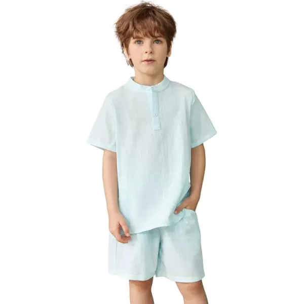 Arshiner Boy's 2 Pieces Cotton Linen Set Casual Henley Shirts Short Sleeve Beach Shorts Summer Outfits for 5-12 Years Kids