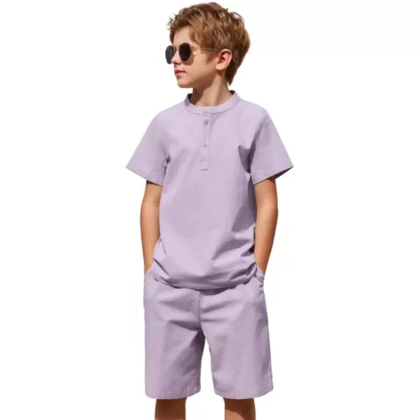 Arshiner Boy's 2 Pieces Cotton Linen Set Casual Henley Shirts Short Sleeve Beach Shorts Summer Outfits for 5-12 Years Kids