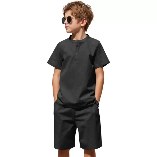 Arshiner Boy's 2 Pieces Cotton Linen Set Casual Henley Shirts Short Sleeve Beach Shorts Summer Outfits for 5-12 Years Kids