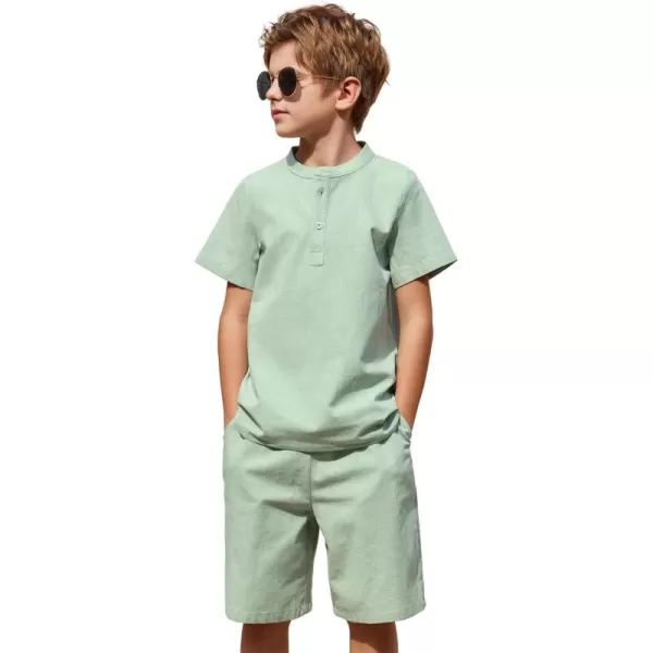 Arshiner Boy's 2 Pieces Cotton Linen Set Casual Henley Shirts Short Sleeve Beach Shorts Summer Outfits for 5-12 Years Kids